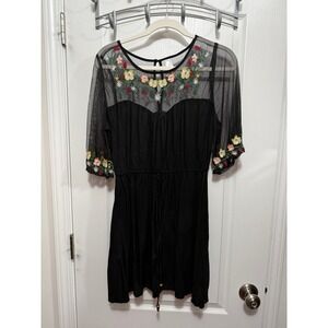 True Destiny Black Mesh Embroidered Flower Dress Women's‎ Size L Boho